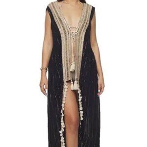 Ranee's Black Gold Tassel Trim Sleeveless Cover-Up Duster
